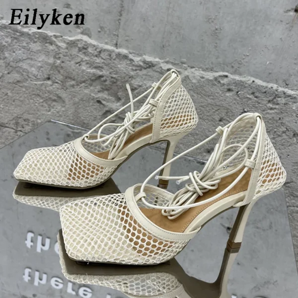Eilyken Sexy Mesh Pumps Sandals Female Square Toe High Heel Lace Up Cross-Tied Stiletto Hollow Dress Shoes Zapatos Mujer - Image 4