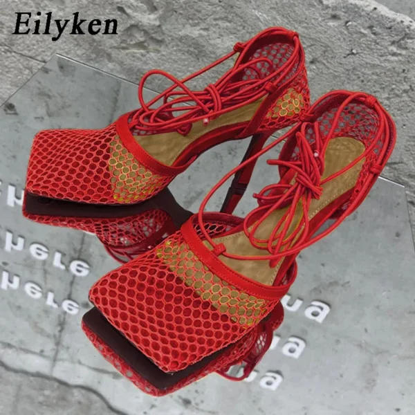 Eilyken Sexy Mesh Pumps Sandals Female Square Toe High Heel Lace Up Cross-Tied Stiletto Hollow Dress Shoes Zapatos Mujer - Image 6
