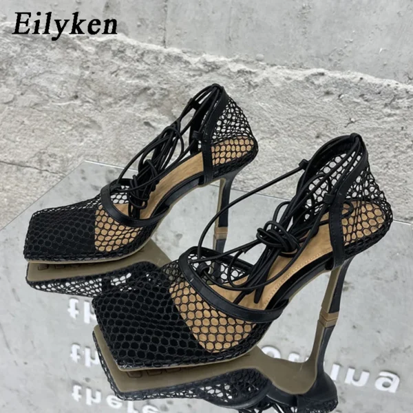 Eilyken Sexy Mesh Pumps Sandals Female Square Toe High Heel Lace Up Cross-Tied Stiletto Hollow Dress Shoes Zapatos Mujer - Image 3