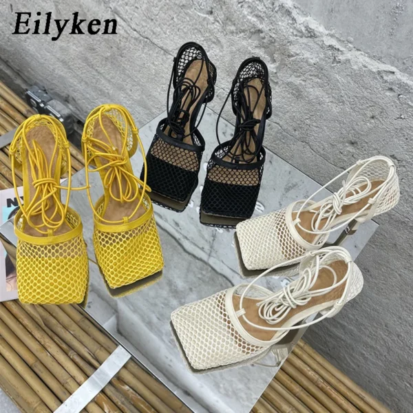 Eilyken Sexy Mesh Pumps Sandals Female Square Toe High Heel Lace Up Cross-Tied Stiletto Hollow Dress Shoes Zapatos Mujer - Image 5