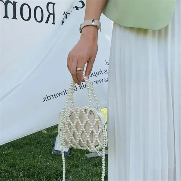 Fashion Lady Basket Handbag Summer Women's Shoulder Crossbody Bag Bohemia Travel Beach Bag Luxury Design Pearl Shopper Tote Bag - Image 5