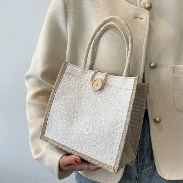 Linen Button Zipper Handbag Shopping Bags Gift Packing Bag Flower Pattern Large Grocery Bag Women Beach Tote Portable Lunch Bag - Image 2