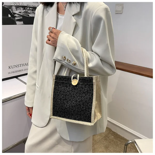 Linen Button Zipper Handbag Shopping Bags Gift Packing Bag Flower Pattern Large Grocery Bag Women Beach Tote Portable Lunch Bag - Image 5