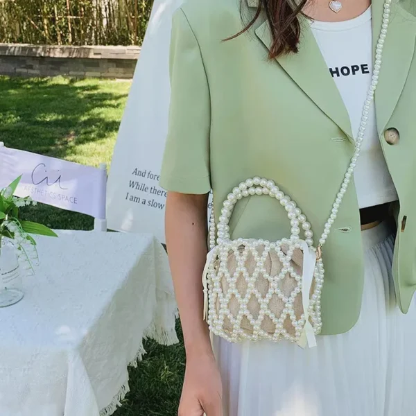 Fashion Lady Basket Handbag Summer Women's Shoulder Crossbody Bag Bohemia Travel Beach Bag Luxury Design Pearl Shopper Tote Bag - Image 3