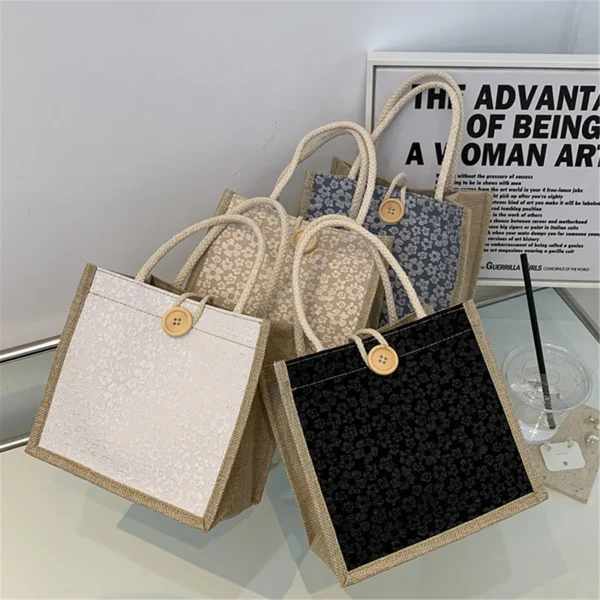 Linen Button Zipper Handbag Shopping Bags Gift Packing Bag Flower Pattern Large Grocery Bag Women Beach Tote Portable Lunch Bag - Image 14