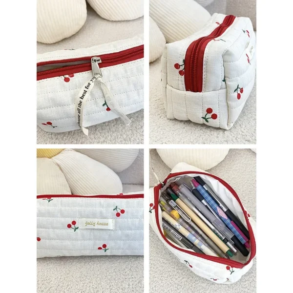 Quilted Cotton Ladies Travel Storage Bag Retro Cherry Women's Cosmetic Bags Cute Design Girls Pencil Case Makeup Bag Handbags - Image 6