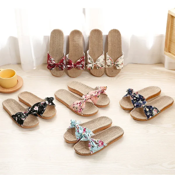 Ladies' Bohemian Style Bow Flower Linen Slippers Sandals Beach Shoes Home Shoes Beach Slippers Indoor Non Slip Shoes 2024