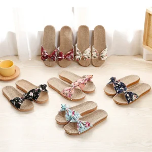 Ladies' Bohemian Style Bow Flower Linen Slippers Sandals Beach Shoes Home Shoes Beach Slippers Indoor Non Slip Shoes 2024