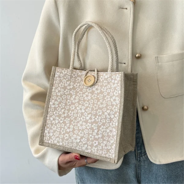 Linen Button Zipper Handbag Shopping Bags Gift Packing Bag Flower Pattern Large Grocery Bag Women Beach Tote Portable Lunch Bag - Image 8