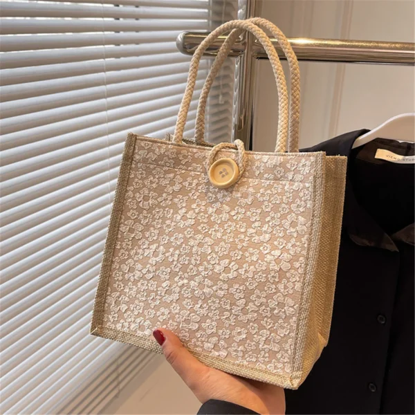 Linen Button Zipper Handbag Shopping Bags Gift Packing Bag Flower Pattern Large Grocery Bag Women Beach Tote Portable Lunch Bag - Image 16