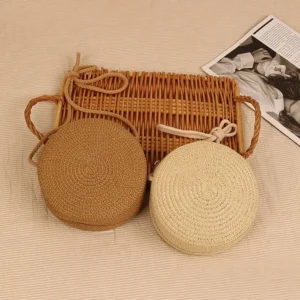 Round Straw Bag Women Woven Beach Crossbody Bag for Ladies Cute Shoulder Rattan Handmade Knitted Candy Color Small Handbag