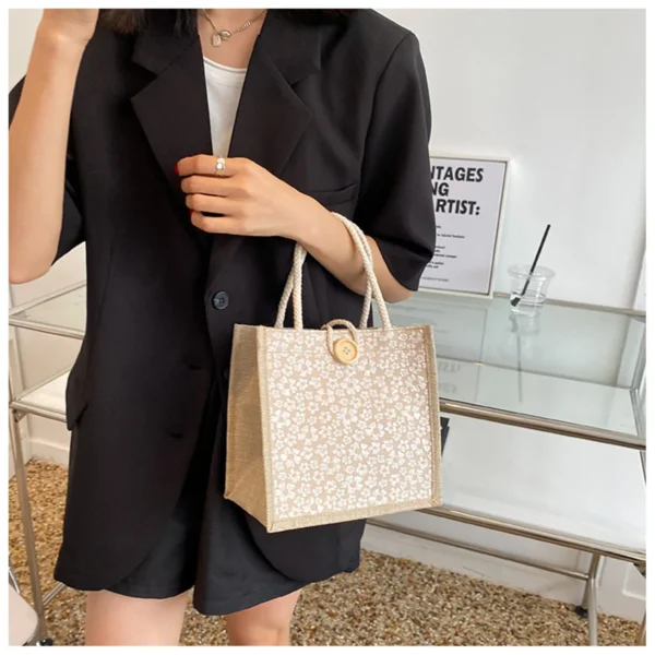 Linen Button Zipper Handbag Shopping Bags Gift Packing Bag Flower Pattern Large Grocery Bag Women Beach Tote Portable Lunch Bag - Image 4