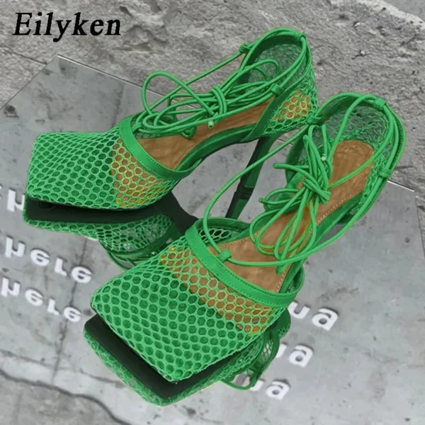 Eilyken Sexy Mesh Pumps Sandals Female Square Toe High Heel Lace Up Cross-Tied Stiletto Hollow Dress Shoes Zapatos Mujer - Image 8
