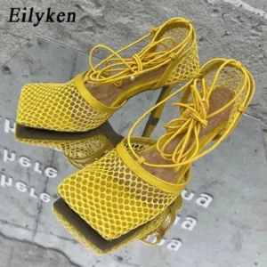 Eilyken Sexy Mesh Pumps Sandals Female Square Toe High Heel Lace Up Cross-Tied Stiletto Hollow Dress Shoes Zapatos Mujer