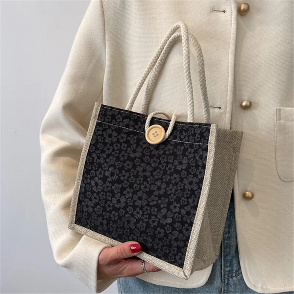 Linen Button Zipper Handbag Shopping Bags Gift Packing Bag Flower Pattern Large Grocery Bag Women Beach Tote Portable Lunch Bag - Image 15