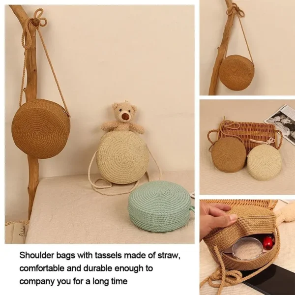Round Straw Bag Women Woven Beach Crossbody Bag for Ladies Cute Shoulder Rattan Handmade Knitted Candy Color Small Handbag - Image 4