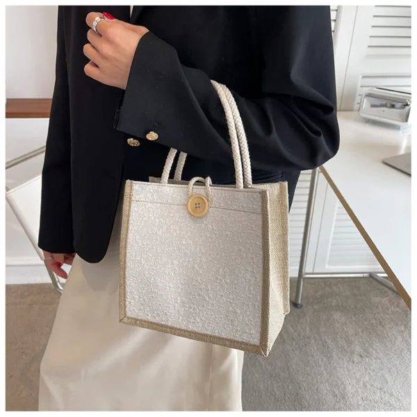 Linen Button Zipper Handbag Shopping Bags Gift Packing Bag Flower Pattern Large Grocery Bag Women Beach Tote Portable Lunch Bag - Image 17