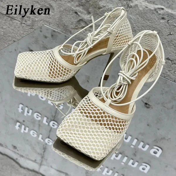 Eilyken Sexy Mesh Pumps Sandals Female Square Toe High Heel Lace Up Cross-Tied Stiletto Hollow Dress Shoes Zapatos Mujer - Image 9