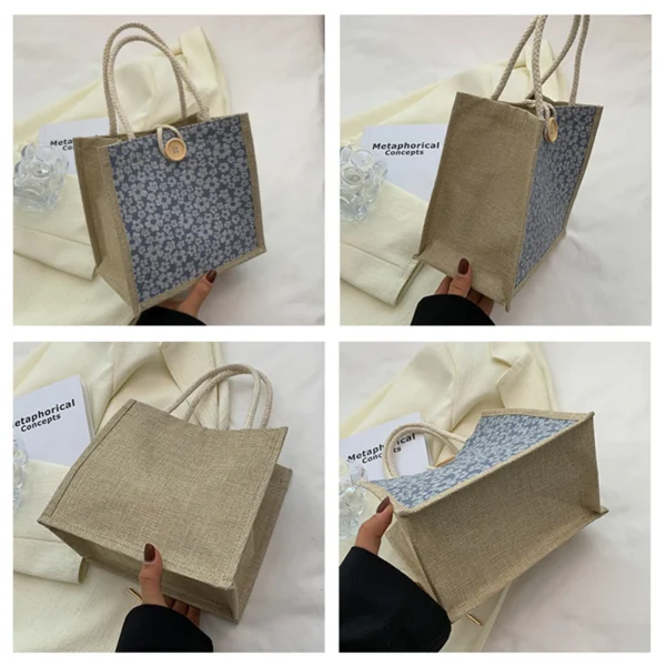Linen Button Zipper Handbag Shopping Bags Gift Packing Bag Flower Pattern Large Grocery Bag Women Beach Tote Portable Lunch Bag - Image 12