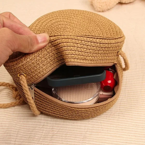 Round Straw Bag Women Woven Beach Crossbody Bag for Ladies Cute Shoulder Rattan Handmade Knitted Candy Color Small Handbag - Image 2