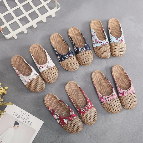 Summer Shose Women Slippers Beach Flip Flops Breathable Linen Flat Slippers Female Casual Flax Bow Ladies Slippers Sandals Shoes - Image 2
