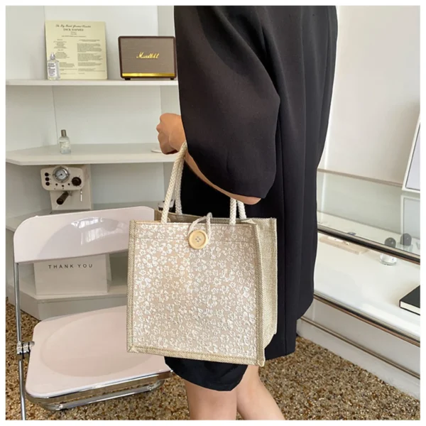 Linen Button Zipper Handbag Shopping Bags Gift Packing Bag Flower Pattern Large Grocery Bag Women Beach Tote Portable Lunch Bag - Image 3