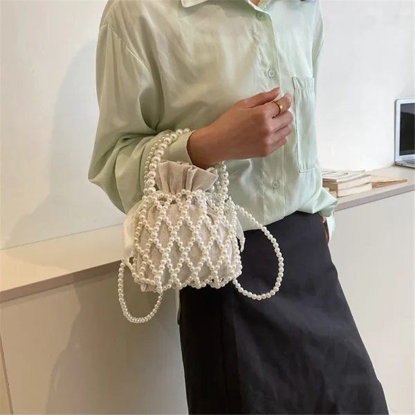 Fashion Lady Basket Handbag Summer Women's Shoulder Crossbody Bag Bohemia Travel Beach Bag Luxury Design Pearl Shopper Tote Bag - Image 4