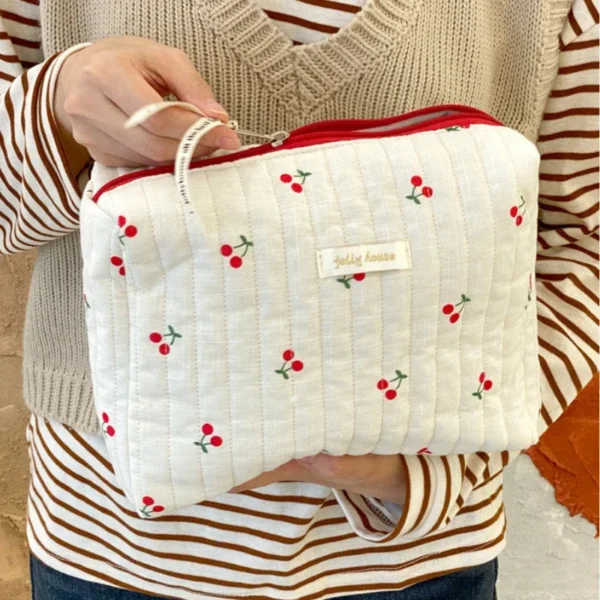 Quilted Cotton Ladies Travel Storage Bag Retro Cherry Women's Cosmetic Bags Cute Design Girls Pencil Case Makeup Bag Handbags - Image 3