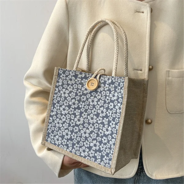 Linen Button Zipper Handbag Shopping Bags Gift Packing Bag Flower Pattern Large Grocery Bag Women Beach Tote Portable Lunch Bag - Image 6