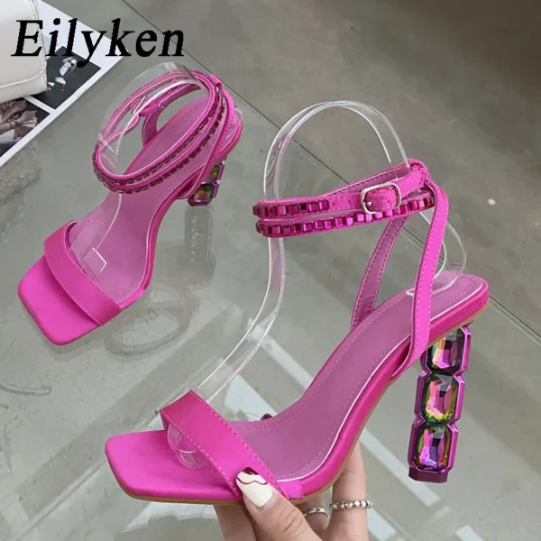 Eilyken Summer Crystal Embellished High Heel Sandals Women Diamond Open Toe Ankle Strap Silk Satin Rhinestone Banquet Shoes - Image 5