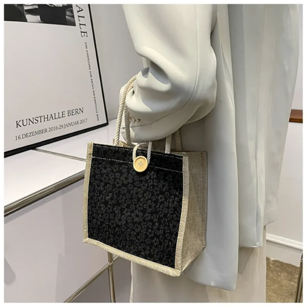 Linen Button Zipper Handbag Shopping Bags Gift Packing Bag Flower Pattern Large Grocery Bag Women Beach Tote Portable Lunch Bag - Image 13