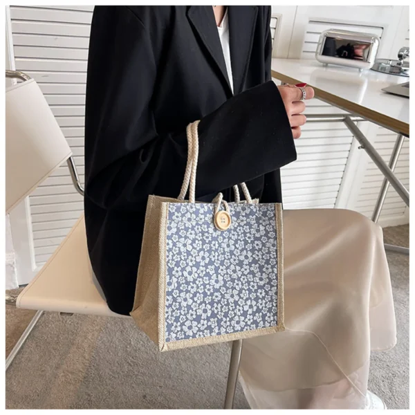 Linen Button Zipper Handbag Shopping Bags Gift Packing Bag Flower Pattern Large Grocery Bag Women Beach Tote Portable Lunch Bag - Image 10